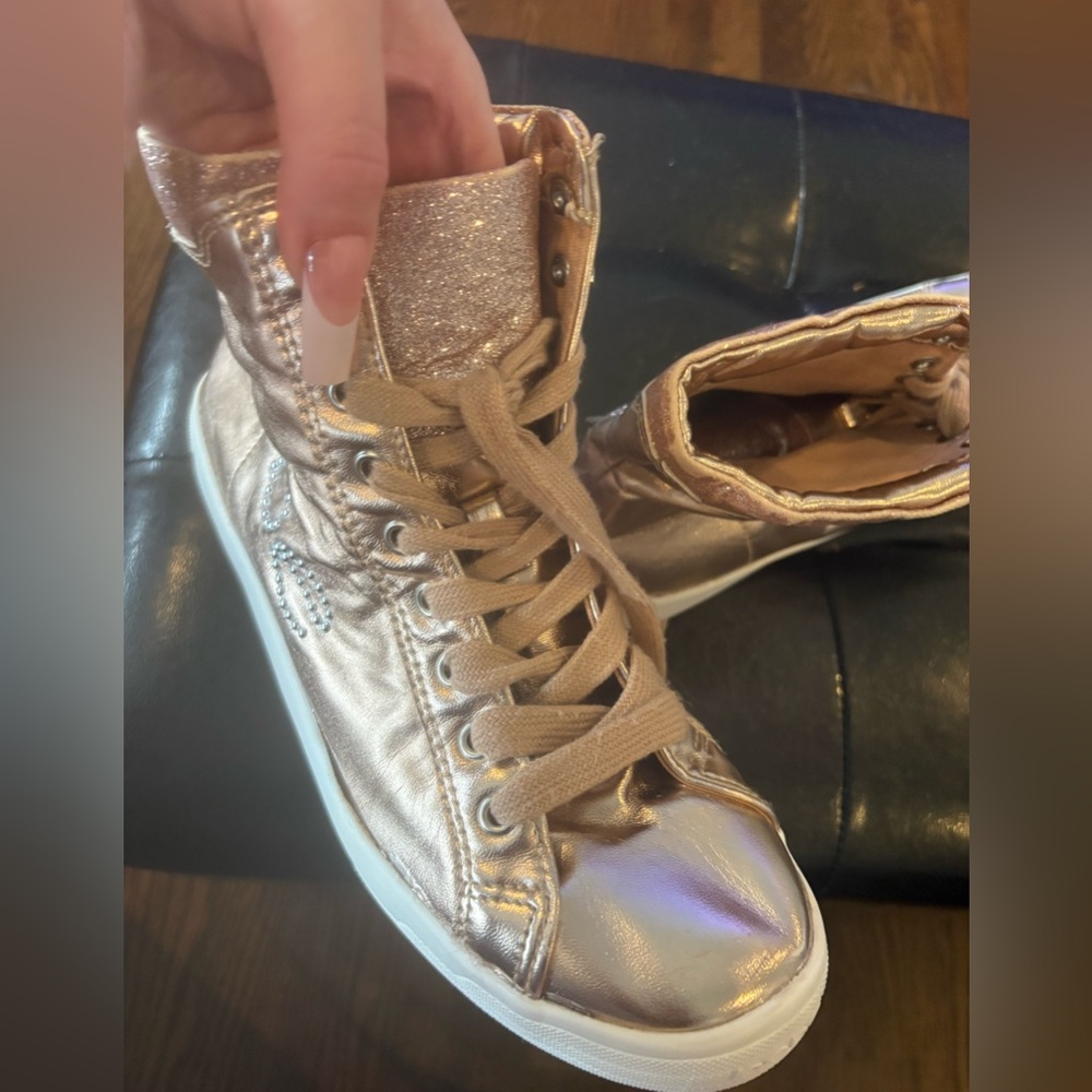 bebe Metallic Rose Gold High-Top Sneakers with Crystal Logo - Picture 8 of 8